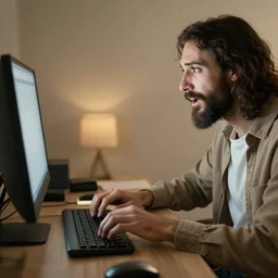 Jesus Christ excited typing on a computer