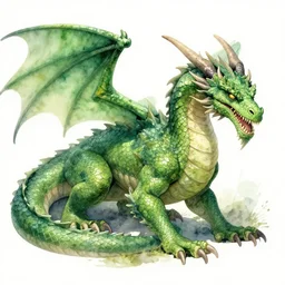 A beautiful, highly detailed, very realistic, very vibrant, watercolor painting of a huge ancient Acid Dragon with lots of bright green scales sneaking around in a dense green forest with lots of trees at dusk. Vibrant dark green and lime green color scheme, realistic, by Greg Rutkowski and Thomas Kinkade.