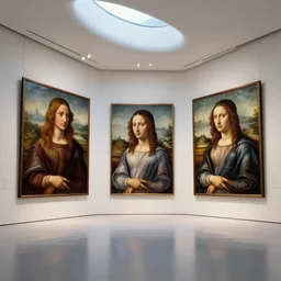 interior futuristic art gallery wide angle highly detailed by santiago calatrava, three wall hanging paintings famous pieces by botticelli!, captivating 8 k hdr, octane render godrays hyperrealism
