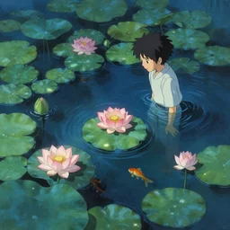 koi pond, lotus flowers, dark blue water, green lily pads, goldfish, a fantasy painting by makoto shinkai and James Gurney, trending on artstation