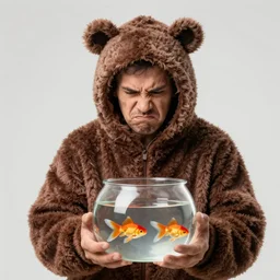 a grumpy human man wearing a bear costume, holding a goldfish bowl, photography, 4 k