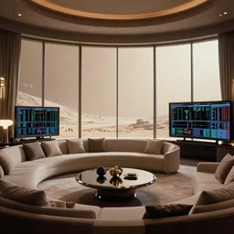 sci - fi film still of a luxury apartment filled with luxury furniture and stock trading screens, with massive windows, views onto a desolate mining planet, beige atmosphere, ridley scott, 1 9 8 0 s science fiction film screenshot