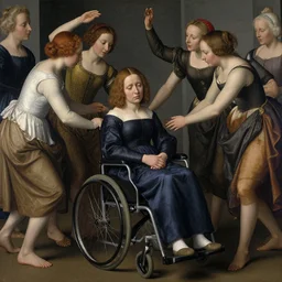 a sad woman in a wheelchair surrounded by dancers, by Jan van Eyck