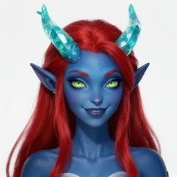 portrait of a dark blue skinned tiefling girl with aquamarine coloured straight crystal horns, crimson hair, shifty lime green eyes and playful smile, highly detailed masterpiece, hayashi 8, artstation trending