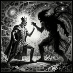 a crazed shadowy figure fighting the king of light in the middle of the universe by bersinski and mc escher tesselation detail.