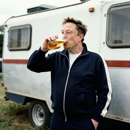 bald elon musk in a tracksuit drinking beer in filthy trailer, by ken loach