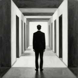 a solemn simulacrum, standing inside an infinite corridor, trending on artstation, abstract black and white painting, masterpiece, 8K