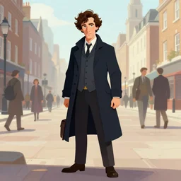 techno sherlock holmes standing in a city square, soft colours, detailed, digital art, hd, by tom bagshaw, by fintan magee, by raymond swanland