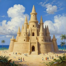 a giant sand castle with a small crowd outside on a tropical island, fluffy clouds, blue sky by magritte and de chirico, oil painting, hyper detailed, masterpiece 4 k