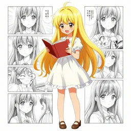 full body portrait of a happy blonde anime girl with long hair, in a cute dress, reading a book, colored sketch anime manga panel