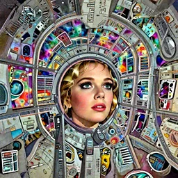 face portrait of dreamy Mila Kunis exploring an eerie derelict space station, colorful nebula through large window, 1980s, Ludek Pesek, Rick Guidice, Chesley Bonestell, Lucien Rudaux, Rolf Klep, Fred Freeman, George Pal