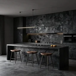 brutalist black house kitchen with 2 islands interior design minimalist organic, organic architecture furniture open space high quality octane render blender 8 k
