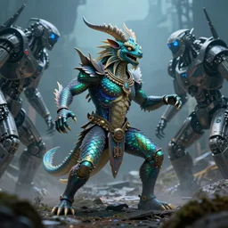 photo of quetzalcoatl iridescent humanoid deity fighting against the machines, fantasy cinematic lighting, photorealistic, octane render 8 k depth of field 3 d