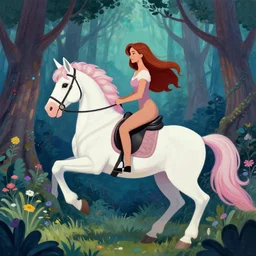 woman riding a unicorn in enchanted forest, tiktok painting by annie liebovitz