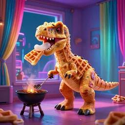 digital art of a dinosaur made of waffles barbecuing chewing gum. in a room with neon rainbow color drapes. outside the window a anachronism noir future.