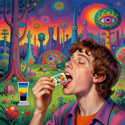 a colorful vibrant psychedelic landscape licking a tab of lsd acid on his tongue and dreaming psychedelic hallucinations, by moebius, edward hopper and james gilleard, zdzislaw beksinski, steven outram, hd, 8 k, artstation