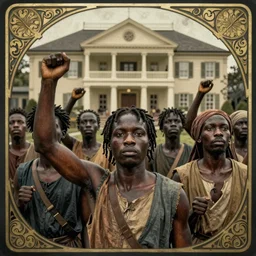 medium portrait of african slaves rebelling, freedom!!!!, in front of plantation home by artgerm, cushart krenz, greg rutkowski, mucha. art nouveau. gloomy colors, sharp edges. ultra clear detailed. 8 k. elegant, intricate, octane render