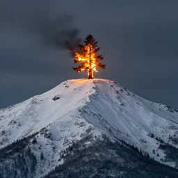 a snow covered mountain with a single burning tree at the top of the snowy mountain, tree on fire on a snowy mountain top, landscape art, concept art, highly detailed, dramatic landscape, contrast lighting