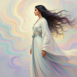 side profile, maya ali, wind sorcerer, gloomhaven, robes, elegant, highly detailed, concept art, smooth, colorful swirly ripples, pastel colors, by huang guangjian, sachin teng, greg rutkowski, jesper ejsing, ilya kuvshinov, artgerm, mucha