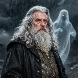 portrait dumbledore, stormy, wind, rain, ghost, long hair, intricate, elegant, highly detailed, digital painting, artstation, concept art, smooth, sharp focus, illustration, daren bader, aleksi briclot, rutkowski, bouguereau