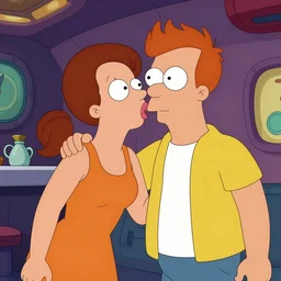 leela and fry from futurama wildly kissing in the planet express ship, trending on artstation