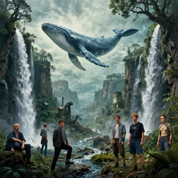 360 photo of overgrown planet, waterfalls, ancient tree, alien whale floating, Les Edwards, Zdzislaw Beksinski, Carl Gustav Carus, John Harris, Michal Karcz, Zhang Kechun, Mikko Lagerstedt, Scott Listfield, Steven Outram, Jessica Rossier