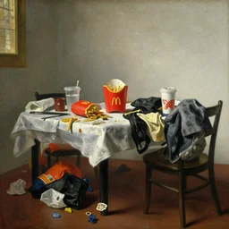 Messy McDonald's Table with food and trash, Dutch Still Life of the 1600s, oil painting