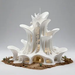 architecture model of a white biological growing inspired building appearing to grow out of the ground, bio inspired design, organic growth, portrait model lighting