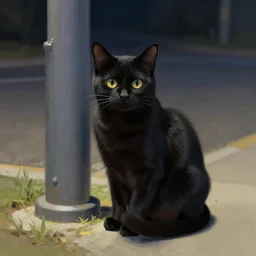 a digital painting of a black cat sitting under a light post at night, highly detailed digital art, artstation