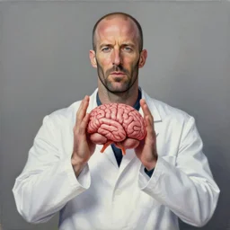 Jason Statham conceals his brain whilst wearing a white labcoat acrylic painting edouard riou ruan jia greg rutkowski achille beltrame