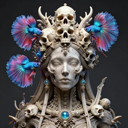 symmetrical, centered, goddess close-up portrait wigh crown made of skulls. phoenix betta fish, phoenix, bioluminiscent creature, super intricate ornaments artwork by Tooth Wu and wlop and beeple and Dan Flavin and David Spriggs and Daniel Buren and greg rutkowski. zbrush sculpt, 3d render. octane, unreal engine