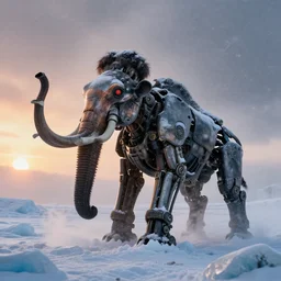 “photo of a mechanical mammoth inspired by h.r.giger in an arctic storm, fog, snow storm, cold sunset, wind , ice, photoreal”
