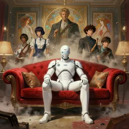 futuristic soldier with white clothes sitting in a red sofa in an art deco living room, award - winning realistic sci - fi concept art by ilya kuvshinov, hayao miyazaki, kentaro miura, thomas kinkade, beksinski, bruegel, greg rutkowski, alphonse mucha, and yoshitaka amano, digital painting, masterpiece, gorgeous, beautiful, cinematic, dynamic volumetric lighting, dust clouds and building debris, intense, dramatic