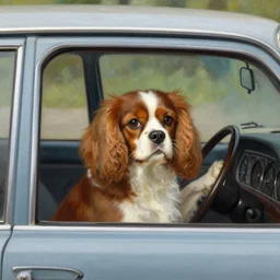 cavalier king charles spaniel behind the wheel of a car, driving a 1 9 8 0 sedan, painting by albert edelfelt