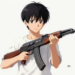 Anime Boy With Black Hair Holding A Rusted AK-47 HD