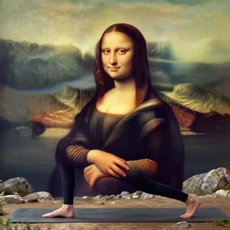 a skinny young woman wearing workout clothes is doing yoga outdoors in the mountains!, looks like mona lisa, sharp focus, hyper realistic, centered, extremely detailed, wide shot!, a painting by leonardo da vinci