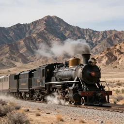 steam locomotive crosses desert, seeing in the background the foothills of the rocky mountains, ultra detailed, photo-real, atmospheric