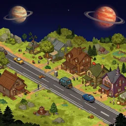 on main street in a small colony on a remote planet, from a space themed point and click 2 d graphic adventure game, art inspired by the steampunk and thomas kinkade
