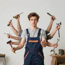 a young man with 8 arms holding multiple carpentry tools