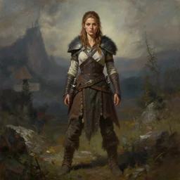 a full body high detail fantasy portrait oil painting illustration of maya hawke as a beautiful young rugged stoic barbarian woman by justin sweet with face and body clearly visible, in a scenic background, pupils visible, realistic proportions, d & d, rpg, forgotten realms, artstation trending, high quality, sombre mood, artstation trending, muted colours, entire person visible!