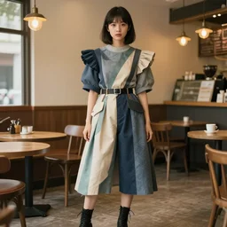 young adult filipino woman in a coffee shop wearing an avant garde outfit designed by zaha hadid, studio ghibli, trending on artstation