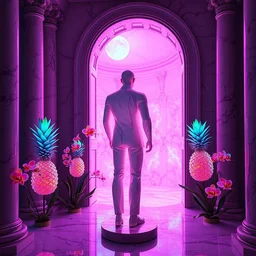 “ a beautiful mannequin made of onyx in the style of michael cheval, kintsugi!!, facing a giant doorway opening with a neon pink light, vaporwave flowering iridescent pineapples + orchids, inside a room with marble columns, transcendent, vibrant color, clean linework, finely detailed, 4 k, trending on artstation, photorealistic, volumetric lighting, octane render ”