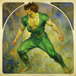 man wearing green clothes, muscular, fantasy, painting by greg rutkowski and alphonse mucha