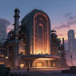 a beautiful hyperdetailed anime illustration of industrial architecture urbex theatre building architecture by rafael aranda, at dawn elysian uv light sci - fi jupiter vice city at dusk, archdaily, wallpaper, highly detailed, trending on artstation.