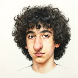 portrait of a teenager with a big nose and curly black hair, hand drawn, ink and marker, by andrea pazienza
