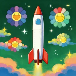 a frontal drawing of a vertical rocket center in the image with a dark green background and colorful clouds with stars by takashi murakami, beeple and james jean, aya takano color style, trippy, 8 k, super detailed, night sky, digital art, digital painting, clean