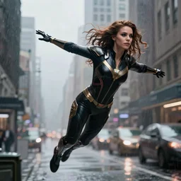 vfx marvel sci-fi woman black super hero robot photo real full body action pose, flying over city street cinematic lighting, rain and fog by Emmanuel Lubezki