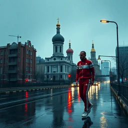 cinematic screenshot gta 5, rain, lenin in adidas tracksuit, churches, buildings, road, moskvich, rtx reflections, gta vi, moscow, soviet apartment buildings, award winning, artstation, intricate details, realistic, hyperdetailed, 8 k resolution