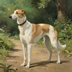 vicious white brown greyhound, natural lighting, path traced, highly detailed, high quality, digital painting, by don bluth and ross tran and studio ghibli and alphonse mucha, artgerm