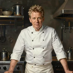 A medium long shot of Gordon Ramsay wearing a chef uniform in a kitchen, oil painting, classicism style